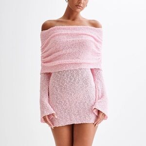 Meshki - Marisol Off Shoulder Boucle Mini Dress - Baby Pink - XXS